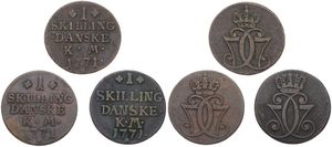Denmark, Kingdom, Christian VII, 3 x 1 Skilling Copper 1771, Crowned double C7 monogram, KM 616 (all three different varieties !), VF
