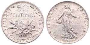France, Republic, 50 Centimes Silver 1911, Figure sowing seed, KM 854, RARE KEY DATE, XF