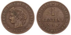 France, Republic, 1 Centime Bronze 1894A, Laureate head left within beaded circle, KM 826.1 (Paris), XF