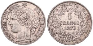 France, Republic, 5 Francs Silver 1870A, Laureate head left, KM 819 (Paris), VF+