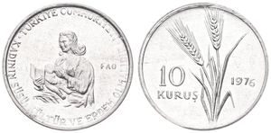 Turkey, Republic, 10 Kurus Aluminum 1976, F.A.O. - Mother breastfeeding infant, KM 908, UNC