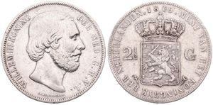 Netherlands, Kingdom, William III, 2-1/2 Gulden Silver 1869, Bearded head right, KM 82, VF
