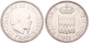 Monaco, Principality, Rainier III, 10 Francs Silver 1966, 100th Anniversary of the Accession of Charles II, KM 146, UNC
