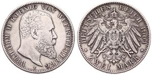German States, Wurttemberg, Wilhelm II, 2 Mark Silver 1904F, Bearded head right, KM 631, VF