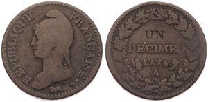France, First Republic, 1 Decime Bronze LAN 4A (1795-1796), Liberty head left, KM 637.1, VARIETY :  UN INCUSE ! (Paris), VF