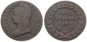France, First Republic, 5 Centimes Bronze LAN 8W (1799-1800), Liberty head left, KM 640.11 (Lille), VF