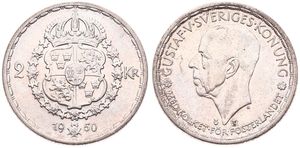 Sweden, Kingdom, Gustaf V, 2 Kronor Silver 1950, Head left, KM 815, UNC