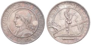 San Marino, Republic, 5 Lire Silver 1935R, Bust left within beaded circle, KM 9, XF