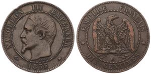France, Second Empire, Napoleon III, 10 Centimes Bronze 1855BB, Head left within beaded circle, KM 771.3 (Strasbourg), VF