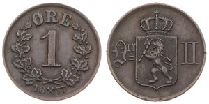 Norway, Kingdom, Oscar II, 1 Ore Bronze 1877, Crowned shield and monogram, KM 352, XF