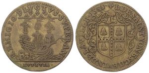 France, Kingdom, Henri III, Token in Brass 1588, L. de Saintyon - Eschevin de la ville, Helmeted arms flanked by wreath / Sailing Ship ' Lutetia ', A.VF