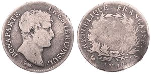 France, Consulship, Napoleon, 1 Franc Silver AN 12A, Bare Head right, KM 649.1 (Paris), Fine