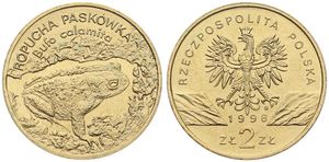 Poland, Republic, 2 Zlote Brass 1998, Toad walking right, KM 340, UNC