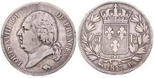 France, Second Kingdom, Louis XVIII, 5 Francs Silver 1817B, Head left, KM 711.2 (Rouen), A.VF