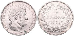 France, Second Kingdom, Louis Philippe I, 5 Francs Silver 1831A, Laureate head right, KM 745.1 (Paris), Raised lettering, VF
