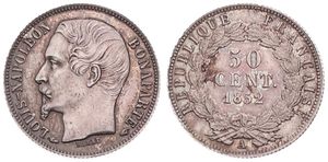 France, Second Republic, Louis-Napoleon Bonaparte, 50 Centimes Silver 1852A, Head left, KM 793 Paris, A.UNC
