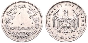 Germany, Third Reich, 1 Reichsmark Nickel 1937F, Eagle with wings spread, KM 78, XF