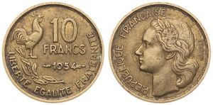 France, Republic, 10 Francs Aluminum-Bronze 1954, Head left - Rooster, KM 915.1, SCARCE DATE, VF