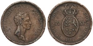 Denmark, Kingdom, Frederik VI, 12 Skilling Copper 1812, Head right - Crowned arms, KM 673.1, A.VF (struck over 1 Skilling KM 616)