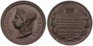 Great Britain, Kingdom, Victoria, Medal in Copper 1887 by J. Carter, Golden Jubilee, Diademed and veiled bust left within circle / Radiant crown and legend in 7 lines, XF