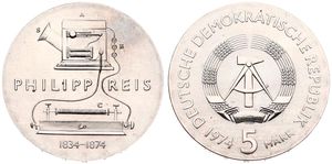 Germany, Democratic Republic, 5 Mark Copper-Nickel 1974, Centenary of the Death of Philipp Reis, KM 49, UNC