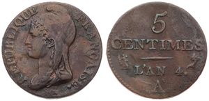 France, First Republic, 5 Centimes Bronze LAN 4A (1795-1796), Liberty head left, KM 635.1 (Paris), VF