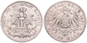 German States, Hamburg, Free City, 5 Mark Silver 1891J, Helmeted arms with lion supporters, KM 293, VF