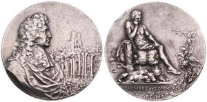 France, Second Kingdom, Louis XVIII, Medal in Silver ND (1820) by Coudray, Chambre de Commerce de Reims, Bust right - view on Reims / Man seated with dogs on his feet, XF