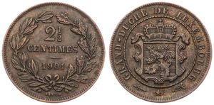 Luxembourg, Grand Duchy, William III, 2-1/2 Centimes Bronze 1901, Crowned shield within rope wreath, KM 21 with BAPTH on reverse, XF