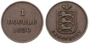 Guernsey, British Dependency, William IV, 1 Double Copper 1830, Leaves above shield, KM 1, VF