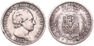 Italian States, Sardinia, Carlo Felice, 1 Lira Silver 1827 L, Bust right, KM 103.1, Fine
