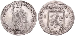 Netherlands, West Friesland Province, 1 Gulden Silver 1714, Standing figure holding pole with liberty cap / Crowned arms, KM 97.2, A.VF