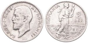 Romania, Kingdom, Carol I, 2 Lei Silver 1910, Bearded head left, KM 43, A.VF