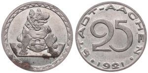 Germany, Emergency Coinage, Aachen, 25 Pfennig Iron 1921, Seated bear within half diamond circle / Value above date, A.UNC