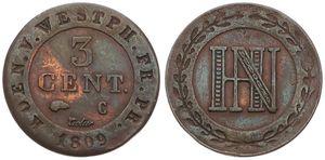 German States, Westphalia, French Standard Coinage, 3 Centimes Copper 1809C, Monogram within circle, KM 23, VF