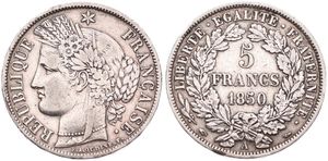 France, Second Republic, 5 Francs Silver 1850A, Laureate head left, KM 761.1 (Paris), VF