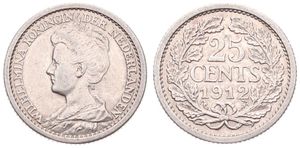 Netherlands, Kingdom, Wilhelmina I, 25 Cents Silver 1912, Crowned bust left, KM 146, VF