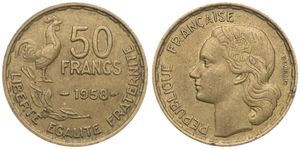 France, Republic, 50 Francs Aluminum-Bronze 1958, Head left - Rooster, KM 918.1, SCARCE DATE, VF+