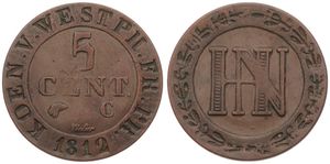 German States, Westphalia, French Standard Coinage, 5 Centimes Copper 1812C, Monogram within circle, KM 24, VF
