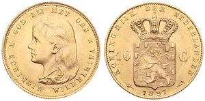 Netherlands, Kingdom, Wilhelmina I, 10 Gulden Gold 1897, Bust left with long hair / Crowned arms, KM 118, A.UNC (*)
