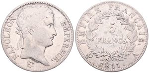 France, First Empire, Napoleon, 5 Francs Silver 1811A, Laureate head right, KM 694.1 (Paris), VF