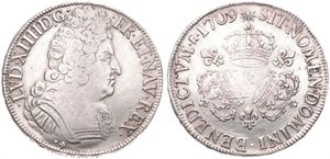 France, Kingdom, Louis XIV, 1 Ecu Silver 1709K, Armored bust right / 3 Crowns, fleur-de-lis in angels, KM 386.9 Bordeaux, A.VF (slightly cleaned)