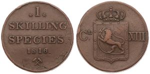 Norway, Kingdom, Carl XIII, 1 Skilling Species Copper 1816, Crowned shield and monogram, KM 284, VF 