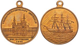 Netherlands, Kingdom, Wilhelmina I, Medal in Copper 1895, World Exposition for Hotel and Travel in Amsterdam, View of the Museum Building / Sailing Ship left, XF