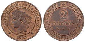 France, Republic, 2 Centimes Bronze 1892A, Laureate head left within beaded circle, KM 827.1 (Paris), XF