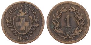Switzerland, Confederation, 1 Rappen Bronze 1857, Cross in shield within sprigs, KM 3.1, Fine