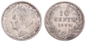 Netherlands, Kingdom, Wilhelmina I, 10 Cents Silver 1904, Crowned head left, KM 136, VF