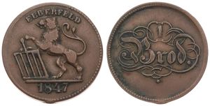 German States, Elberfeld (Wuppertal), Token in Copper 1847, Wertmarke 1 Brod, Lion holding shield left, VF