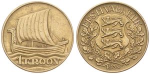 Estonia, Republic, 1 Kroon Aluminum-Bronze 1934, Sailing Viking ship right, KM 16, VF