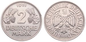 Germany, Federal Republic, 2 Mark Copper-Nickel 1951G, Eagle with wings spread, KM 111, SCARCE KEY DATE, VF